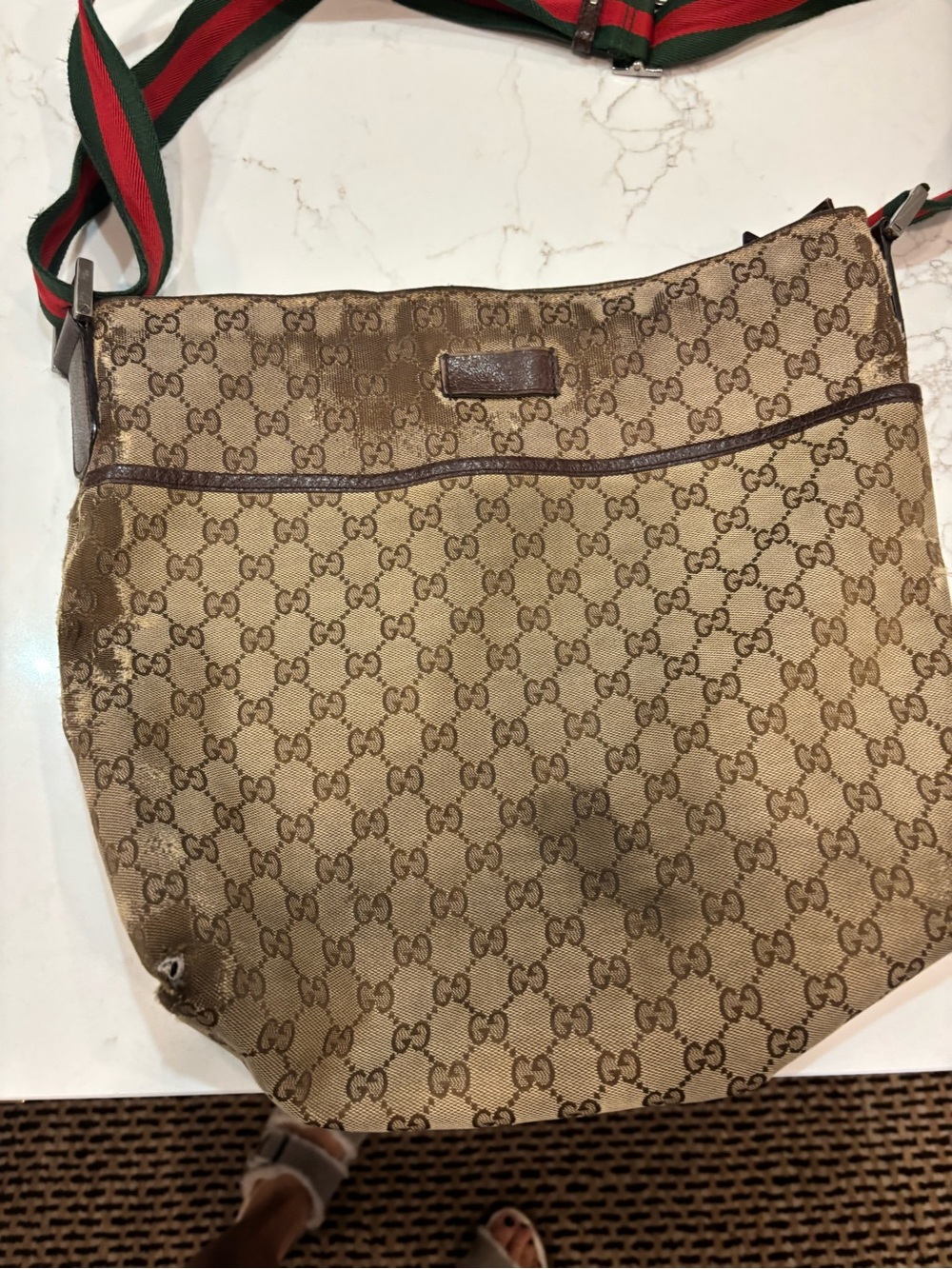 Gucci Beige GG Canvas Crossbody with Green-Red Web Strap